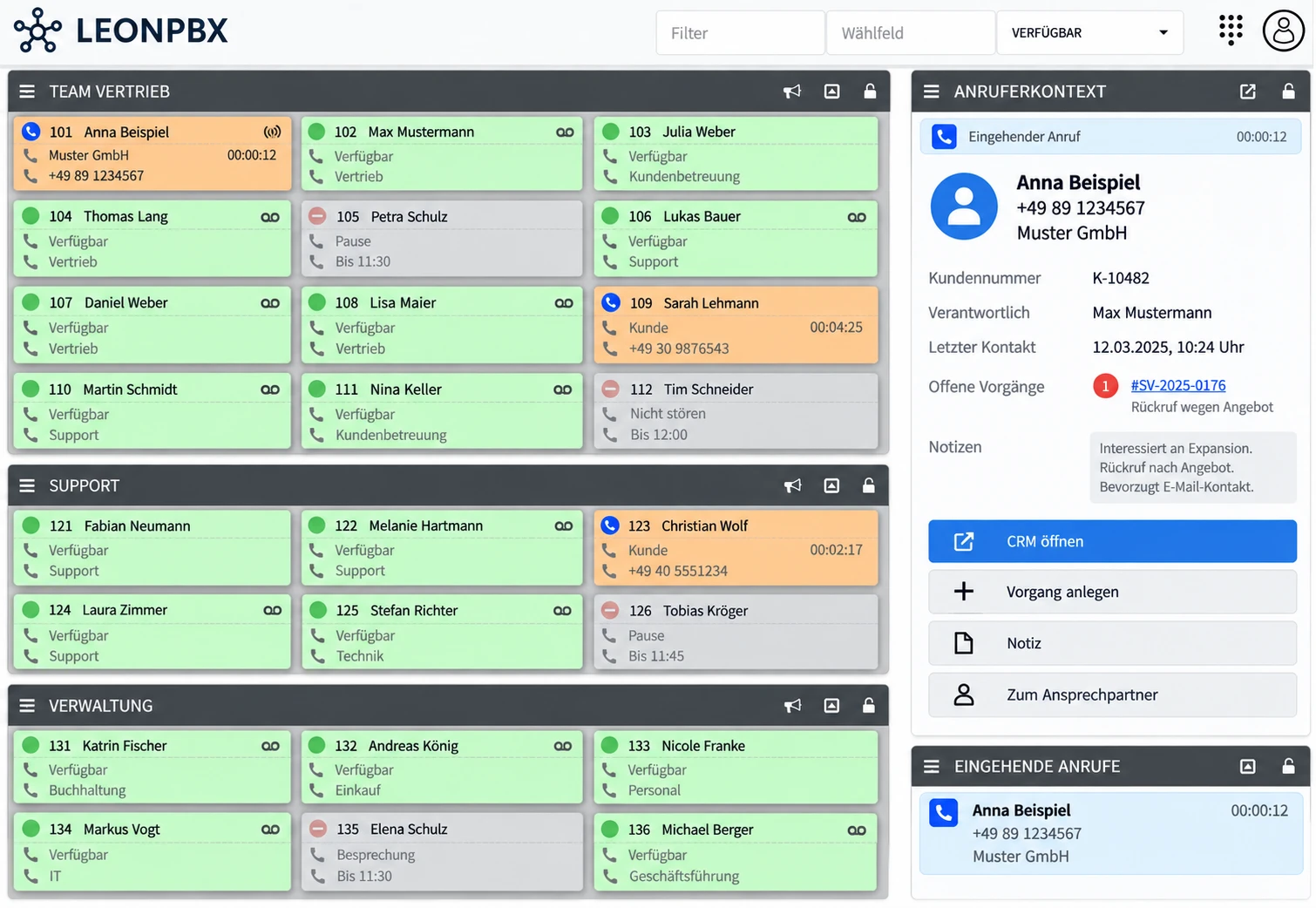 LEONPBX Operator Panel mit integriertem CRM-Anruferkontext