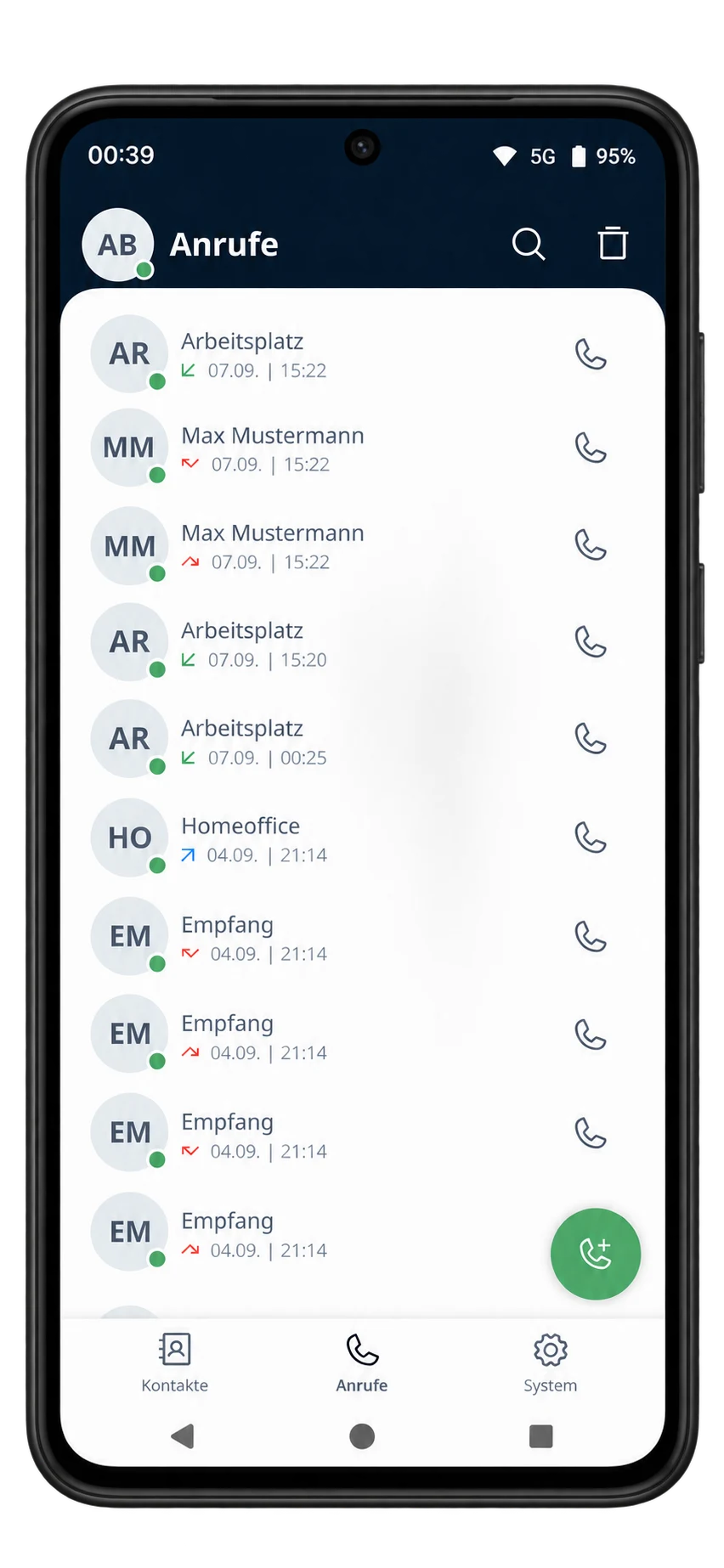 LEONPBX Anrufliste auf einem aktuellen Android-Smartphone