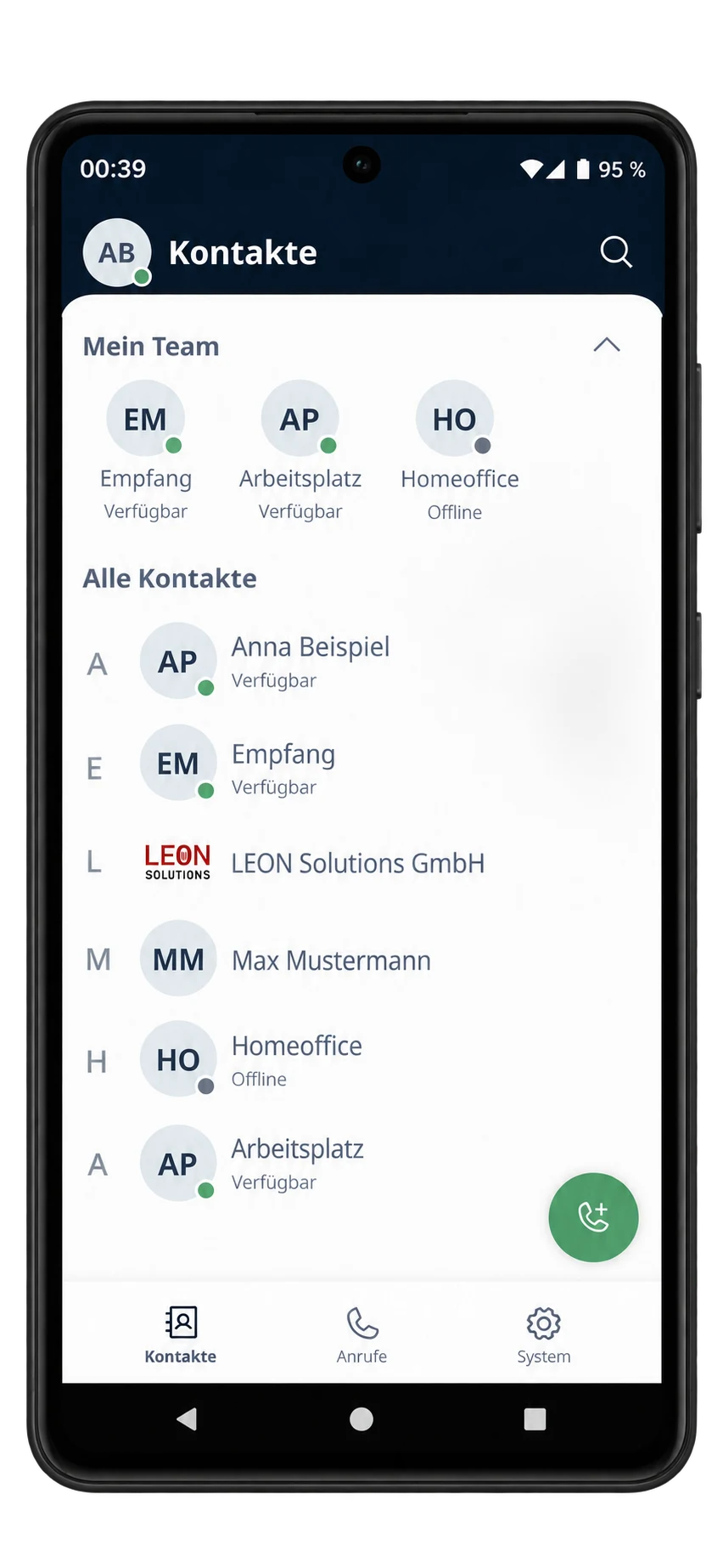 LEONPBX Kontakte und Teamstatus auf einem aktuellen Android-Smartphone
