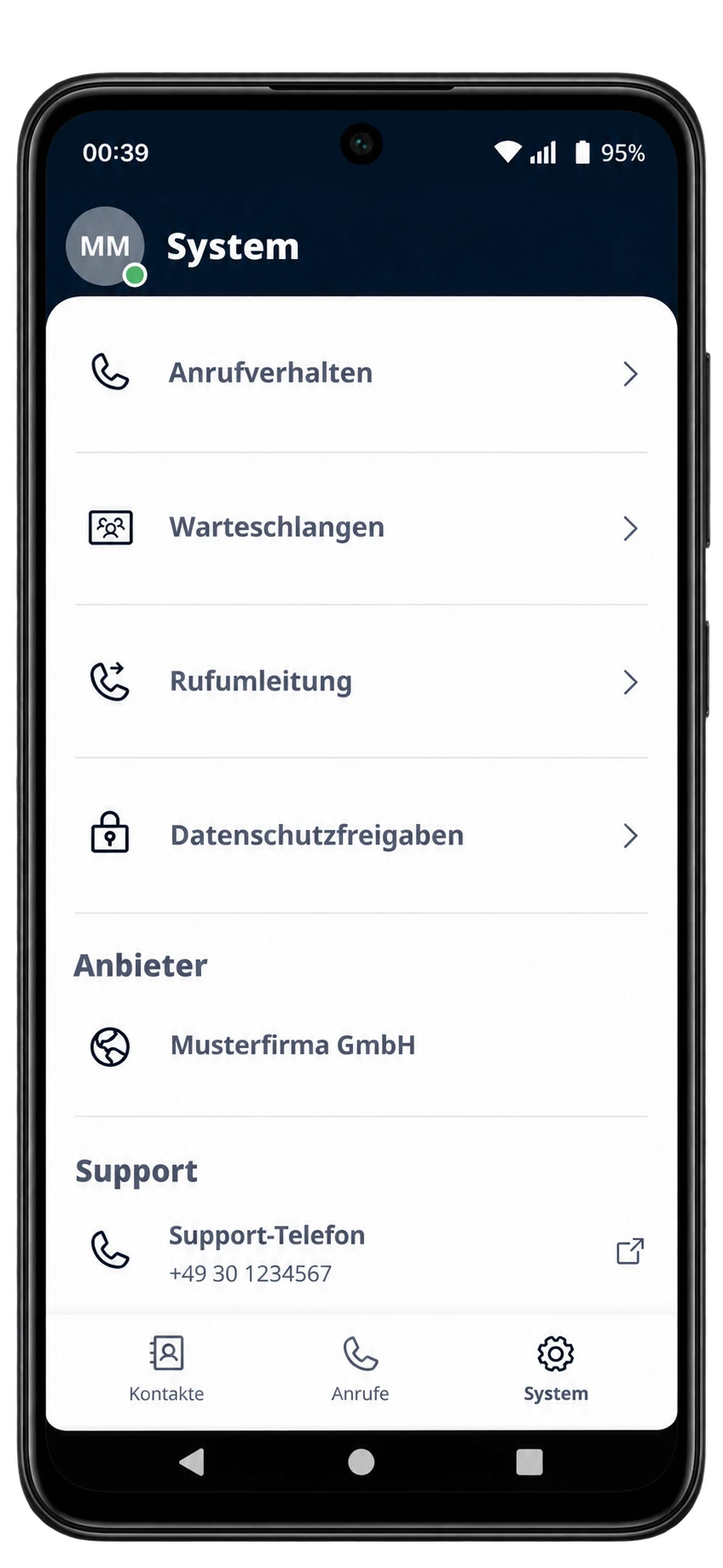 LEONPBX Systemfunktionen auf einem aktuellen Android-Smartphone