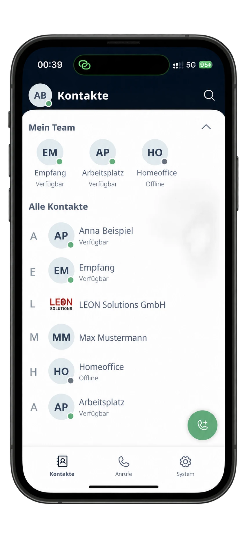LEONPBX Kontakte und Teamstatus auf einem aktuellen iPhone