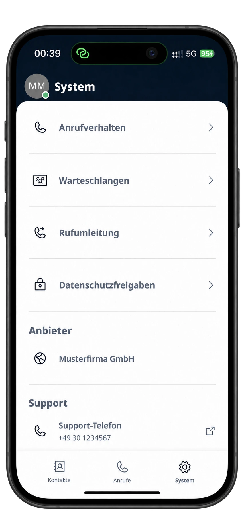 LEONPBX Systemfunktionen auf einem aktuellen iPhone